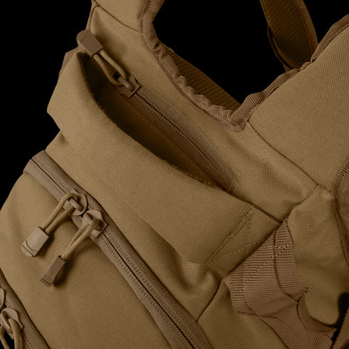 Close-up of the Condor Urban Go Backpack 33L in tan, featuring multiple zippered compartments and durable fabric, designed for first responders or law enforcement.